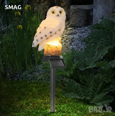 Слънчев соларен фенер лампа черна сова стик бял топъл 44см S_1236433