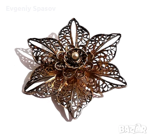 Старинна Сребърна Брошка Красиво Цвете Филигран Изцяло Ръчна Работа, снимка 2 - Други - 52437837