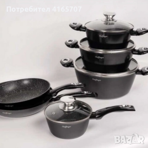 Комплект съдове за готвене Cheffinger от лят алуминий с мраморно покритие – 10 части, индукционни, н, снимка 4 - Съдове за готвене - 53191808
