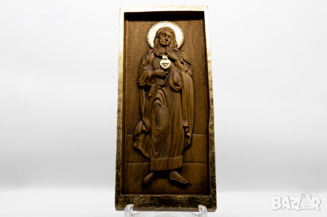 Релефна икона на Св. Богородица с Благодатно Сърце от масивен дъб