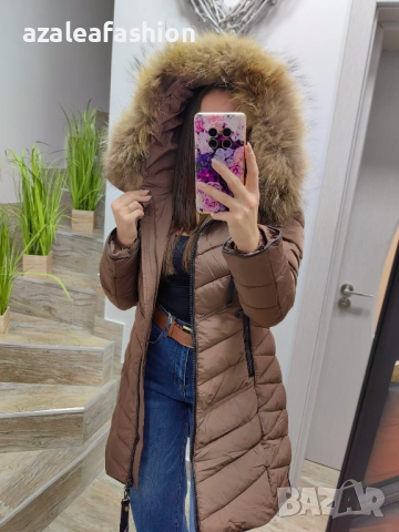 Дълго зимно яке с естествен косъм бежово, снимка 3 - Якета - 52686533