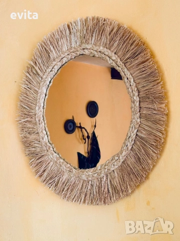 🌿Дизайнерско огледало от рафия – ръчно изработен бохо акцент за уютен и модерен дом, снимка 9 - Огледала - 53881746