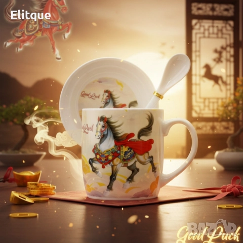 Подаръчен късметлийски порцеланов комплект – чаша, чинийка и лъжичка с празничен дизайн на коне, снимка 3 - Други - 52571520