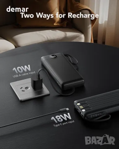 Външна батерия VRURC Power Bank с вградени кабели, 20000mAh PD 20W QC USB C с 4 изхода и 2 входа, снимка 6 - Външни батерии - 49524443