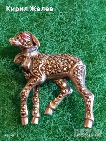 Винтидж сребърна брошка в формата на АГНЕ с МАРКЕЗИТ и РУБИНИ Ретро Арт бижу 41072