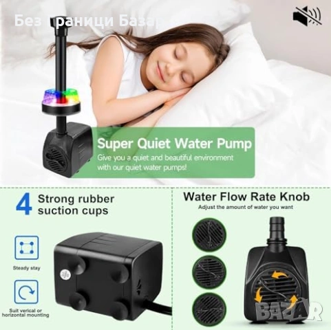 Нова Помпа за аквариум/фонтан 800L/H с LED светлини, 4 накрайника, 3м, снимка 7 - Оборудване за аквариуми - 53525082