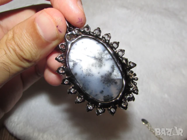 925 сребърно колие с дендритен яспис 48карата, размер 56x35x7мм. общо тегло 19.3гр., снимка 7 - Колиета, медальони, синджири - 47611049