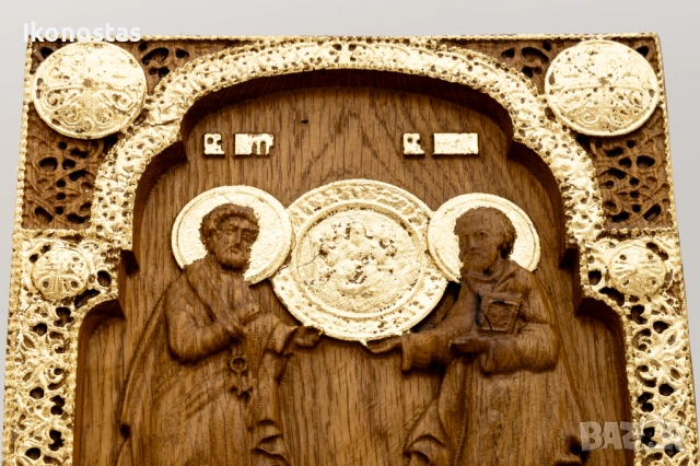 Релефна икона от дъб с позлата – Свети апостоли Петър и Павел, снимка 5 - Икони - 53224173