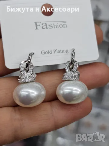 Обеци родий с перли и с кристали - 28425-18, снимка 1