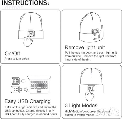 ATNKE Плетена шапка със светлинно фенерче, USB акумулаторна 4 LED, бежова, снимка 2 - Шапки - 45623968