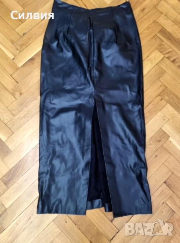 Чисто нова черна дълга лъскава кожена пола "Zara" / "Зара", размер L, снимка 3 - Поли - 52414264