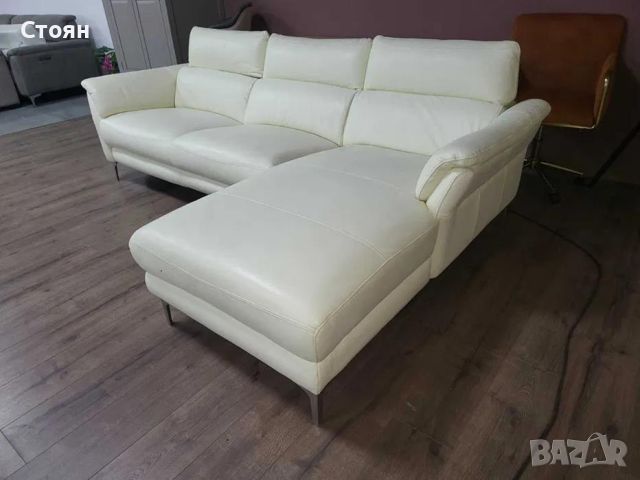 Светло кремав кожен ъглов диван с електрически релакс механизъм, снимка 6 - Дивани и мека мебел - 46475339