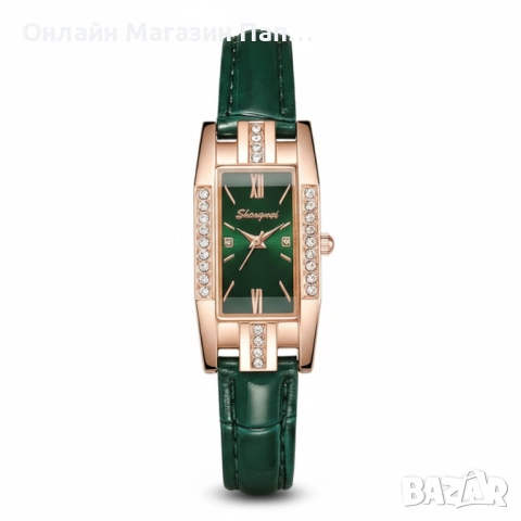 Дамски часовник с правоъгълен циферблат – Кварцов механизъм и кожена каишка (Червена/Зелена), снимка 2 - Дамски - 52348115