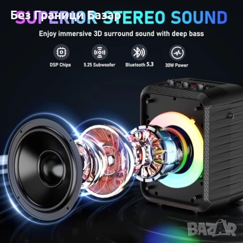 Нова домашна Караоке машина 30W + 2 безжични микрофона, Bluetooth 5.3, LED, снимка 2 - Други - 53666421