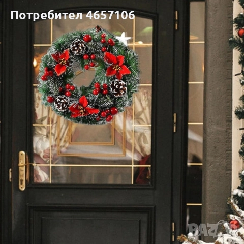 Коледен венец за декорация с шишарки и изкусветни коледни звезди, снимка 2 - Декорация за дома - 52494175