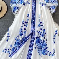 Дълга дамска официална рокля бяло и синьо с коланче, снимка 9 - Рокли - 45438182