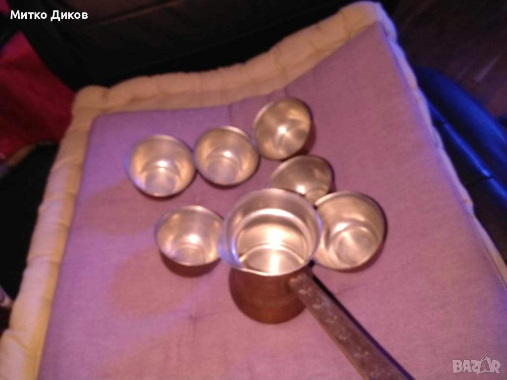 Медно канче за кафе Н-110мм фи 75мм с 6 медни чаши Н-45мм и фи 75мм нови, снимка 1