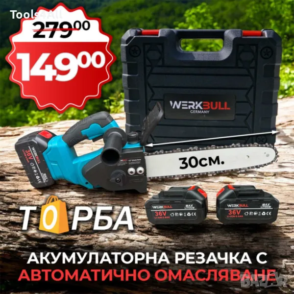 Акумулаторна Резачка/Трион WERKBULL с Шина 30см| 36V| 2 вериги, снимка 1