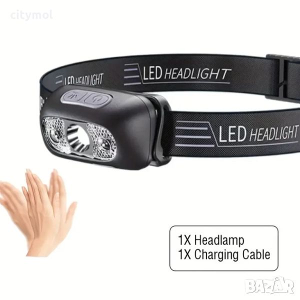 LED челник, фенер за глава, CREE LED , със сензор за движение, micro USB, снимка 1