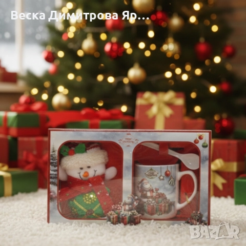 Празничен подаръчен комплект с чаша, лъжичка и снежен човек – готов за подаряване, снимка 4 - Коледни подаръци - 52573971
