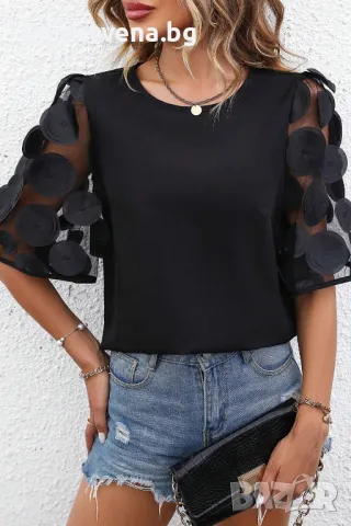 Дамска блуза в черен цвят с къси ефектни ръкави, снимка 3 - Други - 50080707