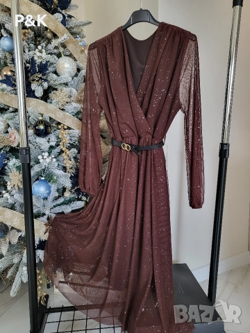Рокля с брокат и коланче в шоколадово кафяво, снимка 2 - Рокли - 52734979