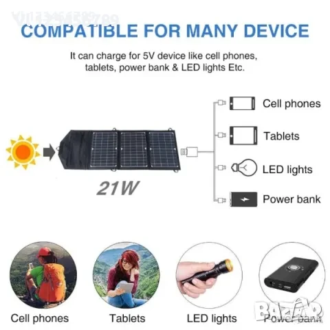 Сгъваем соларен панел, 21 Вт, директно зареждане от слънцето, снимка 3 - Къмпинг осветление - 50687630