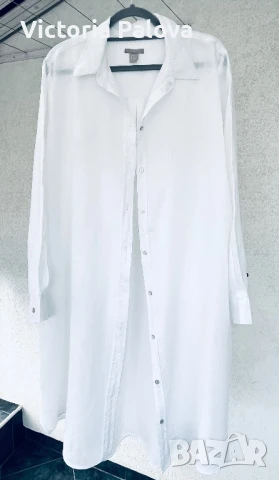 Бяла ленена рокля-риза H&M, снимка 13 - Рокли - 51109805