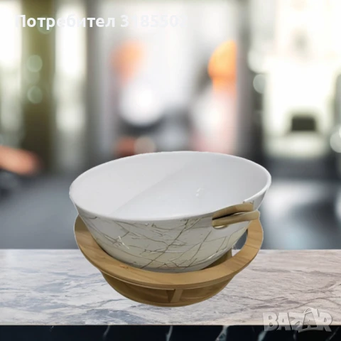 Керамична купа с дървена стойка и мраморен ефект, снимка 6 - Прибори за хранене, готвене и сервиране - 51420612