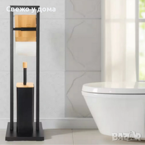 Стойка 2в1 Cheffinger за баня с тоалетна четка и държач за тоалетна хартия – метал и дърво, снимка 4 - Други стоки за дома - 53617820