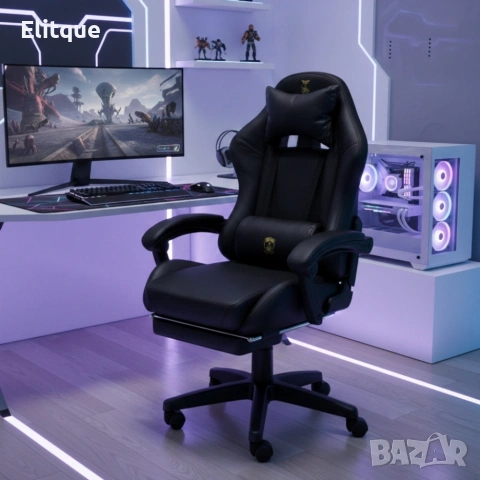 Премиум геймърски стол с масажна функция, поставка за крака и ергономична метална рамка