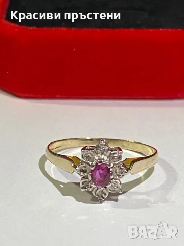 Златен пръстен с 8 диаманта/брилянта и 1 рубин, снимка 2 - Пръстени - 50181981