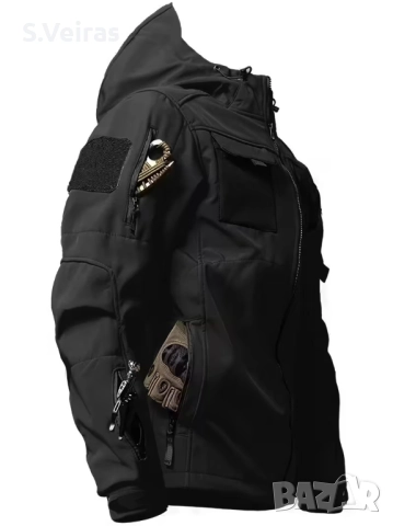 Работно Тактическо Ветроустойчиво яке с качулка, с много джобове, Цвят -Черен, снимка 3 - Якета - 52857674