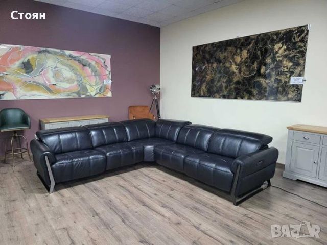 Дизайнерски черен кожен ъглов диван с електрически релакс механизъм