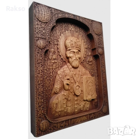 Дърворезба икона "Николай Чудотворец", снимка 3 - Икони - 52726186
