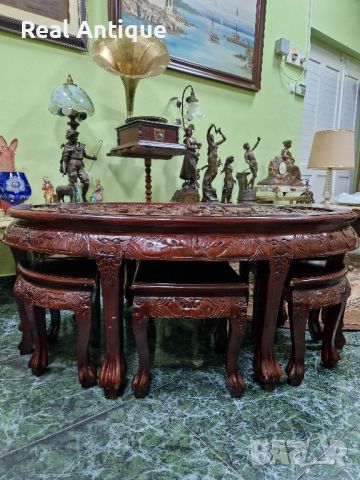 Уникална антикварна китайска маса масив дърворезба с  6 табуретки , снимка 1 - Антикварни и старинни предмети - 45189519