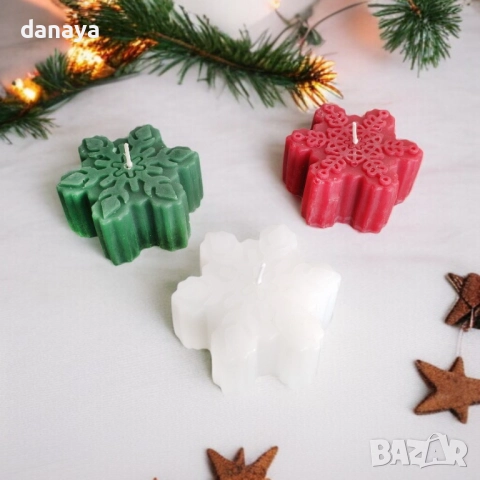 6233 Коледна свещ снежинка или подарък – бяла, зелена, червена, снимка 2 - Други - 52413517