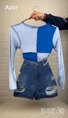 дамски комплект двуцветна блуза и дънкови панталонки , снимка 3 - Комплекти - 46387244