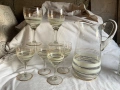 Стъклен соц керамичен сервиз за вино - кана и 6 броя чаши на столче , снимка 1
