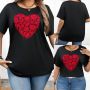 Макси мека силно еластична блуза в черно с червена ефектна дантела "Сърце", снимка 1 - Тениски - 46022652