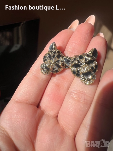 Обеци във формата на тигър с камъчета в златен и черни цвят ❤️, снимка 1