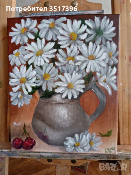 Маргарити и череши-маслена живопис, снимка 1