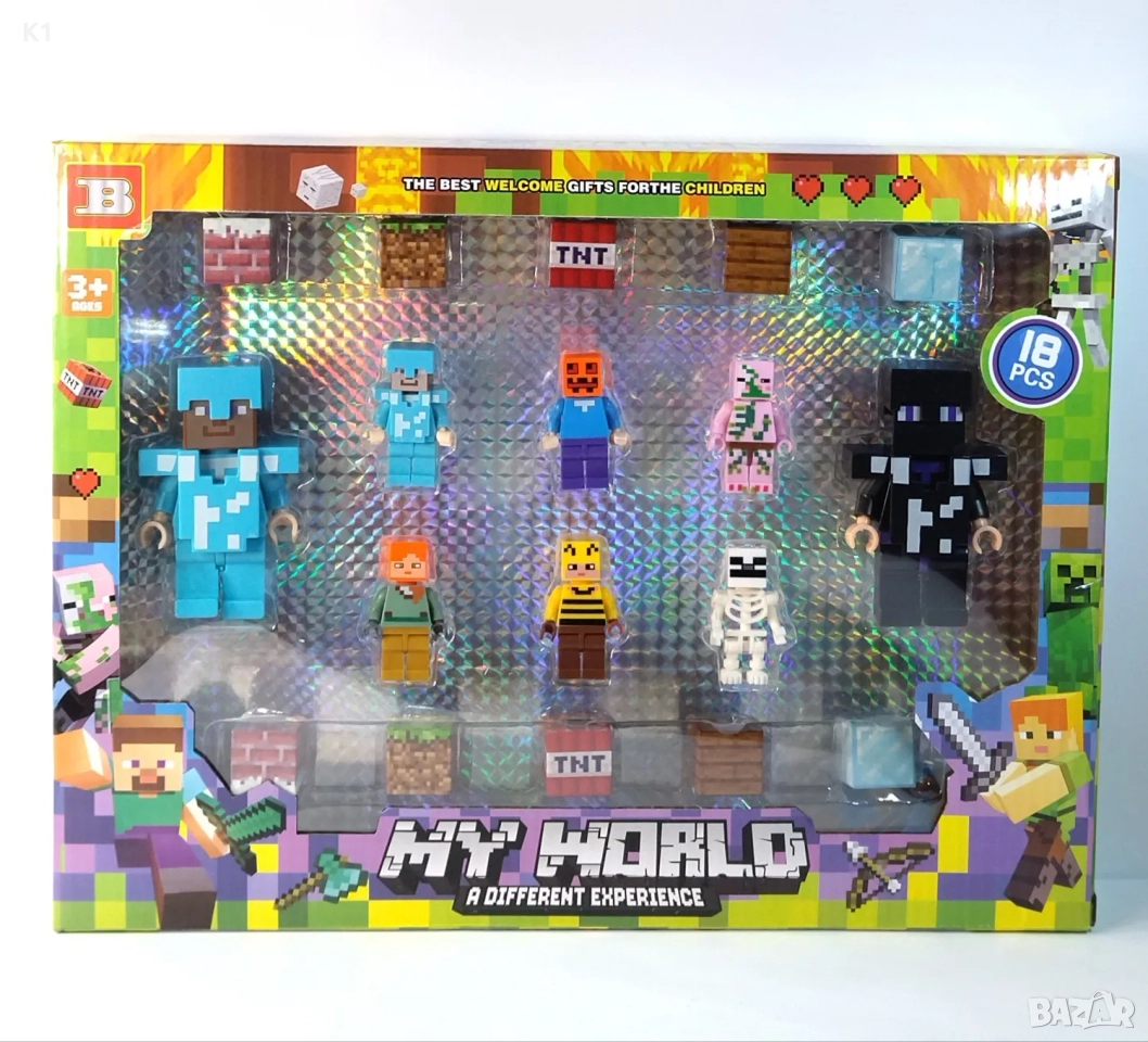 Голям комплект 8 фигурки на Майнкрафт + 10 магнитни кубчета и аксесоари Minecraft, снимка 1
