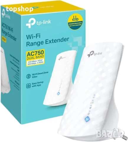 НОВ TP-Link AC750 WiFi екстендер / удължител, 750Mbps, Plug & Play, RJ45 конектор, бял