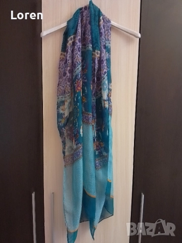 Шал с тюркоазени цветове с цветя, снимка 3 - Шалове - 48651284