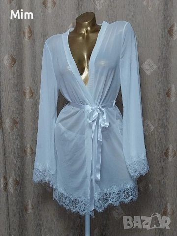 L Бял,халат от прозрачен еластичен тюл с дантела , снимка 7 - Нощници - 51548267