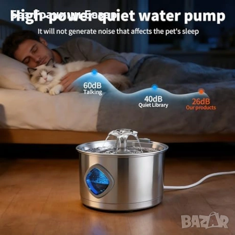 Нов Котешки фонтан 2.8L от неръждаема стомана с тиха помпа за вода котка, снимка 4 - За котки - 53155584