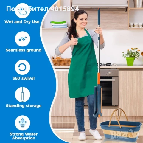 Комплект моп с 360° въртене и сгъваема кофа – Професионално и безконтактно почистване у дома, снимка 4 - Мопове, кофи, четки и метли - 50788848