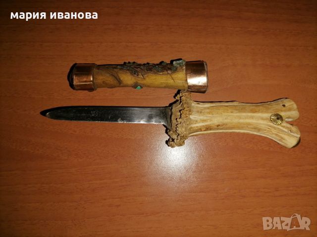 Стар нож с дръжка от рог и кания от орех с камъни, снимка 14 - Ножове - 44295527