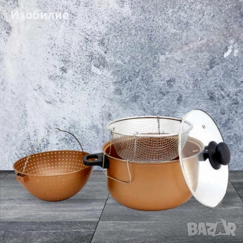 Тенджера с гевгир и кошница за пържене Voltz, 24*12.5см., Меден\въгл. стомана с незалеп. покр., снимка 6 - Съдове за готвене - 52373698